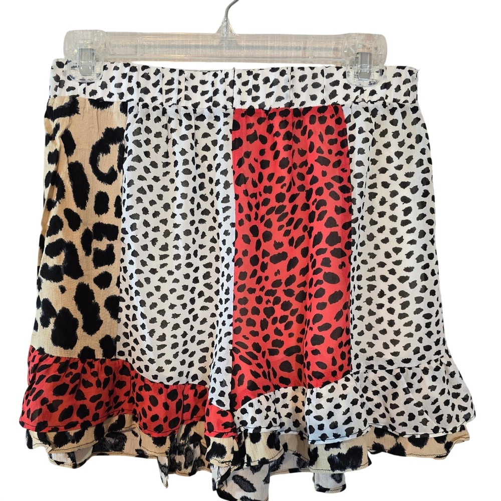 Umgee Mixed Animal Print Patchwork Ruffle Shorts Red Tan Leopard Cheetah Small